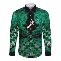 Personalised Aotearoa Matariki Long Sleeve Button Shirt Green Fern Maori Poutama
