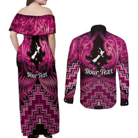 Personalised Aotearoa Matariki Couples Matching Off Shoulder Maxi Dress and Long Sleeve Button Shirt Pink Fern Maori Poutama LT01 - Polynesian Pride