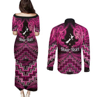 Personalised Aotearoa Matariki Couples Matching Puletasi and Long Sleeve Button Shirt Pink Fern Maori Poutama