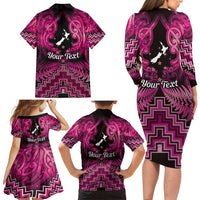 Personalised Aotearoa Matariki Family Matching Long Sleeve Bodycon Dress and Hawaiian Shirt Pink Fern Maori Poutama LT01 - Polynesian Pride
