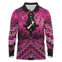 Personalised Aotearoa Matariki Long Sleeve Polo Shirt Pink Fern Maori Poutama