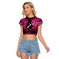 Personalised Aotearoa Matariki Raglan Cropped T Shirt Pink Fern Maori Poutama