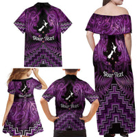 Personalised Aotearoa Matariki Family Matching Off Shoulder Maxi Dress and Hawaiian Shirt Purple Fern Maori Poutama