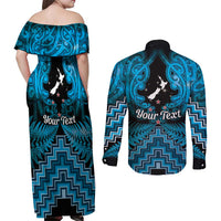 Personalised Aotearoa Matariki Couples Matching Off Shoulder Maxi Dress and Long Sleeve Button Shirt Turquoise Fern Maori Poutama LT01 - Polynesian Pride