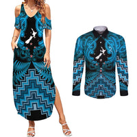 Personalised Aotearoa Matariki Couples Matching Summer Maxi Dress and Long Sleeve Button Shirt Turquoise Fern Maori Poutama LT01 Turquoise - Polynesian Pride