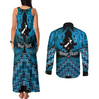 Personalised Aotearoa Matariki Couples Matching Tank Maxi Dress and Long Sleeve Button Shirt Turquoise Fern Maori Poutama LT01 - Polynesian Pride