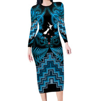 Personalised Aotearoa Matariki Family Matching Long Sleeve Bodycon Dress and Hawaiian Shirt Turquoise Fern Maori Poutama LT01 Mom's Dress Turquoise - Polynesian Pride
