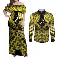 Personalised Aotearoa Matariki Couples Matching Off Shoulder Maxi Dress and Long Sleeve Button Shirt Yellow Fern Maori Poutama LT01 Yellow - Polynesian Pride