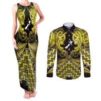 Personalised Aotearoa Matariki Couples Matching Tank Maxi Dress and Long Sleeve Button Shirt Yellow Fern Maori Poutama LT01 Yellow - Polynesian Pride