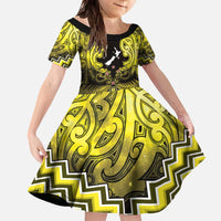 Personalised Aotearoa Matariki Family Matching Off The Shoulder Long Sleeve Dress and Hawaiian Shirt Yellow Fern Maori Poutama