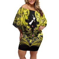 Personalised Aotearoa Matariki Family Matching Off Shoulder Short Dress and Hawaiian Shirt Yellow Fern Maori Poutama
