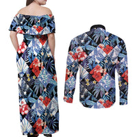 Hawaii Tropicana Blue Pattern Couples Matching Off Shoulder Maxi Dress and Long Sleeve Button Shirt - Polynesian Pride