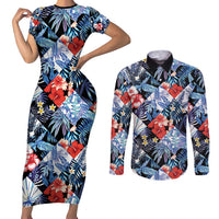 Hawaii Tropicana Blue Pattern Couples Matching Short Sleeve Bodycon Dress and Long Sleeve Button Shirt - Polynesian Pride