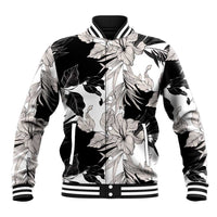 Black White Monotone Tropical Flowers Pattern Baseball Jacket - Polynesian Pride