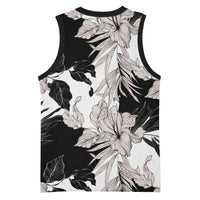 Black White Monotone Tropical Flowers Pattern Basketball Jersey - Polynesian Pride