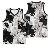 Black White Monotone Tropical Flowers Pattern Basketball Jersey - Polynesian Pride