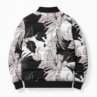Black White Monotone Tropical Flowers Pattern Bomber Puffer Jacket - Polynesian Pride