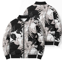 Black White Monotone Tropical Flowers Pattern Bomber Puffer Jacket - Polynesian Pride