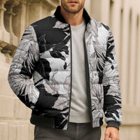 Black White Monotone Tropical Flowers Pattern Bomber Puffer Jacket - Polynesian Pride