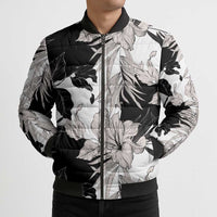 Black White Monotone Tropical Flowers Pattern Bomber Puffer Jacket - Polynesian Pride