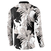 Black White Monotone Tropical Flowers Pattern Button Sweatshirt - Polynesian Pride
