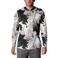 Black White Monotone Tropical Flowers Pattern Button Sweatshirt - Polynesian Pride