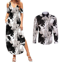 Black White Monotone Tropical Flowers Pattern Couples Matching Summer Maxi Dress and Long Sleeve Button Shirt - Polynesian Pride