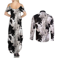 Black White Monotone Tropical Flowers Pattern Couples Matching Summer Maxi Dress and Long Sleeve Button Shirt - Polynesian Pride