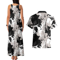Black White Monotone Tropical Flowers Pattern Couples Matching Tank Maxi Dress and Hawaiian Shirt - Polynesian Pride