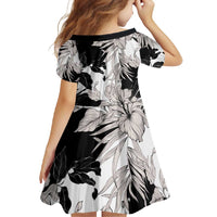 Black White Monotone Tropical Flowers Pattern Family Matching Off Shoulder Maxi Dress and Hawaiian Shirt - Polynesian Pride