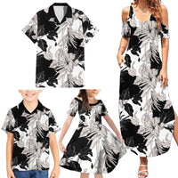 Black White Monotone Tropical Flowers Pattern Family Matching Summer Maxi Dress and Hawaiian Shirt - Polynesian Pride