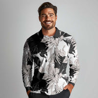 Black White Monotone Tropical Flowers Pattern Long Sleeve Polo Shirt - Polynesian Pride