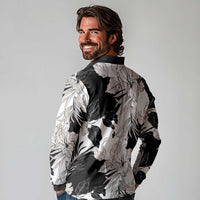 Black White Monotone Tropical Flowers Pattern Long Sleeve Polo Shirt - Polynesian Pride