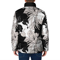 Black White Monotone Tropical Flowers Pattern Padded Jacket - Polynesian Pride