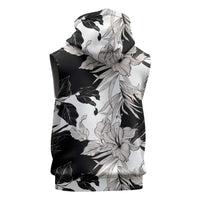 Black White Monotone Tropical Flowers Pattern Sleeveless Hoodie - Polynesian Pride