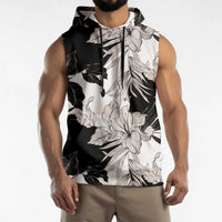 Black White Monotone Tropical Flowers Pattern Sleeveless Hoodie - Polynesian Pride