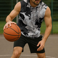 Black White Monotone Tropical Flowers Pattern Sleeveless Hoodie - Polynesian Pride