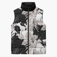Black White Monotone Tropical Flowers Pattern Sleeveless Puffer Jacket - Polynesian Pride