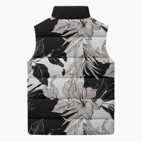 Black White Monotone Tropical Flowers Pattern Sleeveless Puffer Jacket - Polynesian Pride