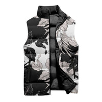 Black White Monotone Tropical Flowers Pattern Sleeveless Puffer Jacket - Polynesian Pride