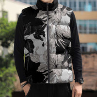 Black White Monotone Tropical Flowers Pattern Sleeveless Puffer Jacket - Polynesian Pride