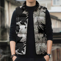Black White Monotone Tropical Flowers Pattern Sleeveless Puffer Jacket - Polynesian Pride