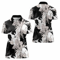 Black White Monotone Tropical Flowers Pattern Women Polo Shirt - Polynesian Pride