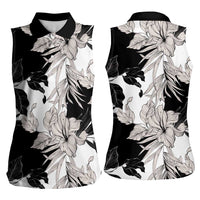 Black White Monotone Tropical Flowers Pattern Women Sleeveless Polo Shirt - Polynesian Pride