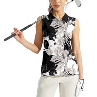 Black White Monotone Tropical Flowers Pattern Women Sleeveless Polo Shirt - Polynesian Pride