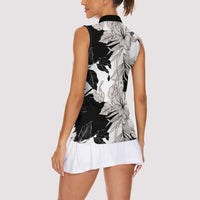 Black White Monotone Tropical Flowers Pattern Women Sleeveless Polo Shirt - Polynesian Pride