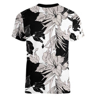 Black White Monotone Tropical Flowers Pattern Women V-Neck T-Shirt - Polynesian Pride