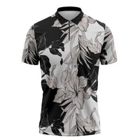 Black White Monotone Tropical Flowers Pattern Zipper Polo Shirt - Polynesian Pride