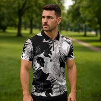 Black White Monotone Tropical Flowers Pattern Zipper Polo Shirt - Polynesian Pride