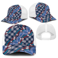 Polynesian Monstera Tiare Floral Baseball Net Cap Royal Blue Tropical Plaid - Polynesian Pride